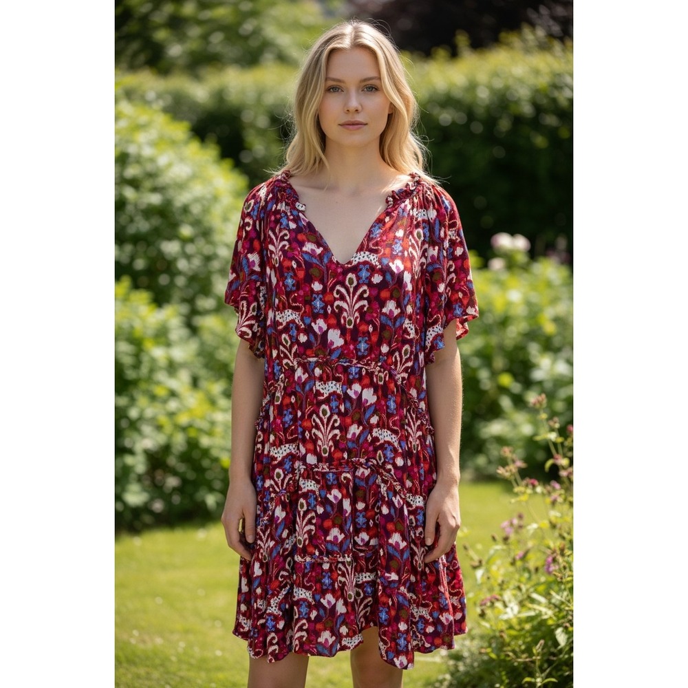 Anthropologie Red Pink Ikat Damask Tiered Ruffle V-Neck Mini Dress‎ Medium